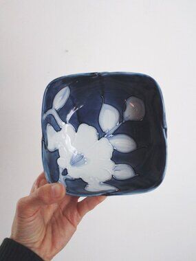 Vintage Hand-Painted Blue White Ceramic Bowl Floral Square Fitz Floyd Japan